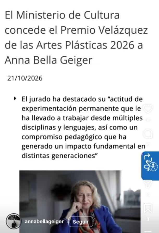 El Ministerio de Cultura premia a Anna Bella Geiger. IG / @annabellageiger&nbsp;